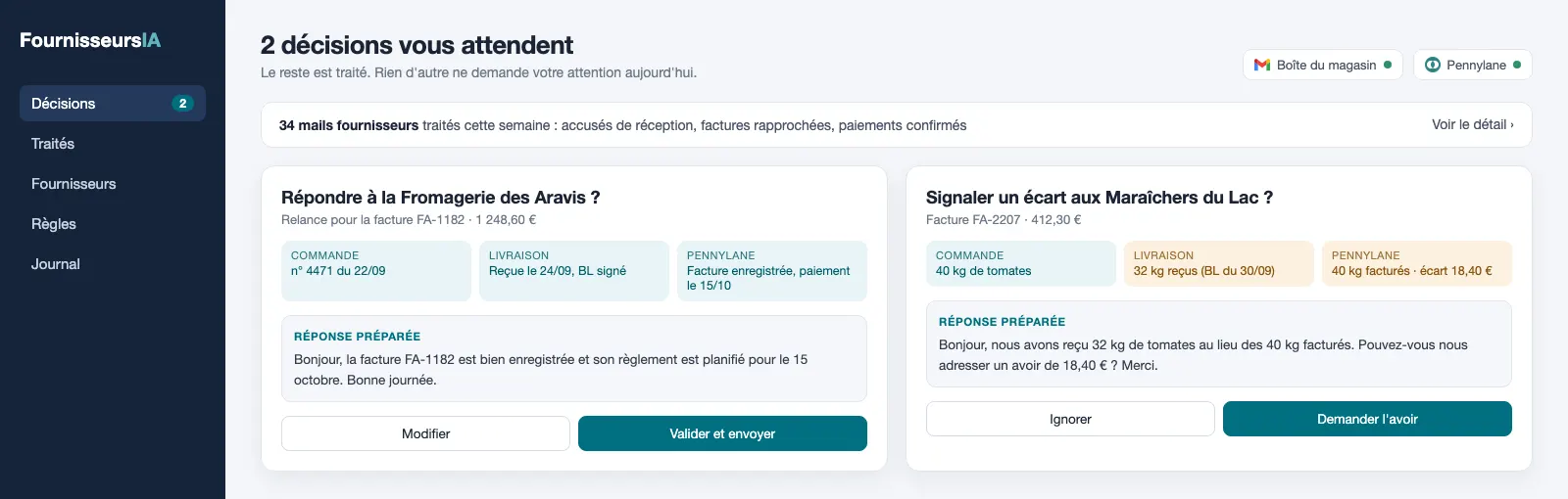 Maquette d'illustration : l'écran des décisions, avec les rapprochements et les réponses préparées par l'agent (données fictives)
