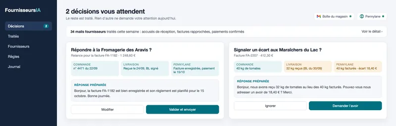 Maquette d'illustration : l'écran des décisions, avec les rapprochements et les réponses préparées par l'agent (données fictives)